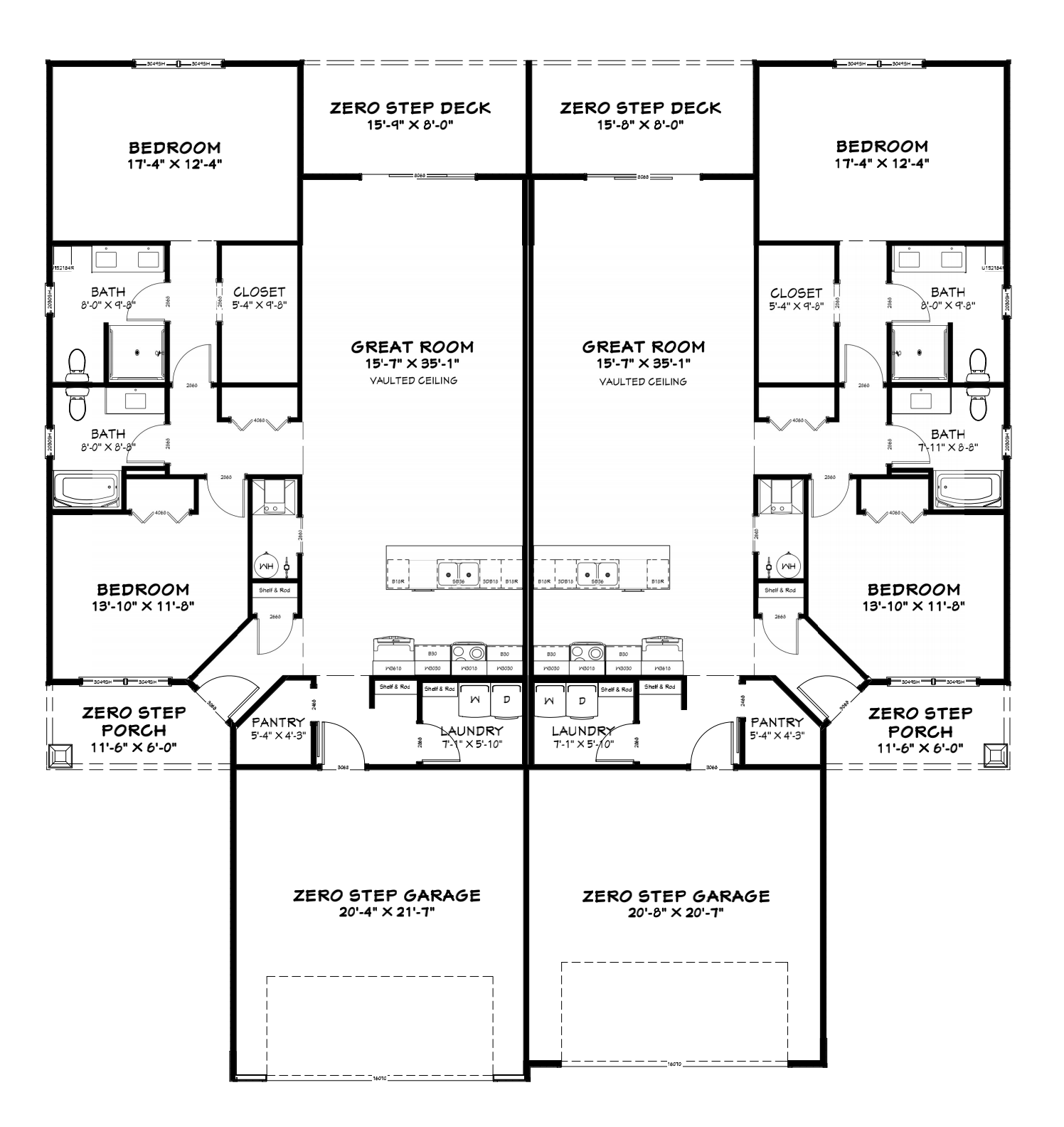 Meadows Preserve duplex floor plan — zero-step porch, great room with vaulted ceiling, 2 bedrooms, 2 baths, attached 2-car garage