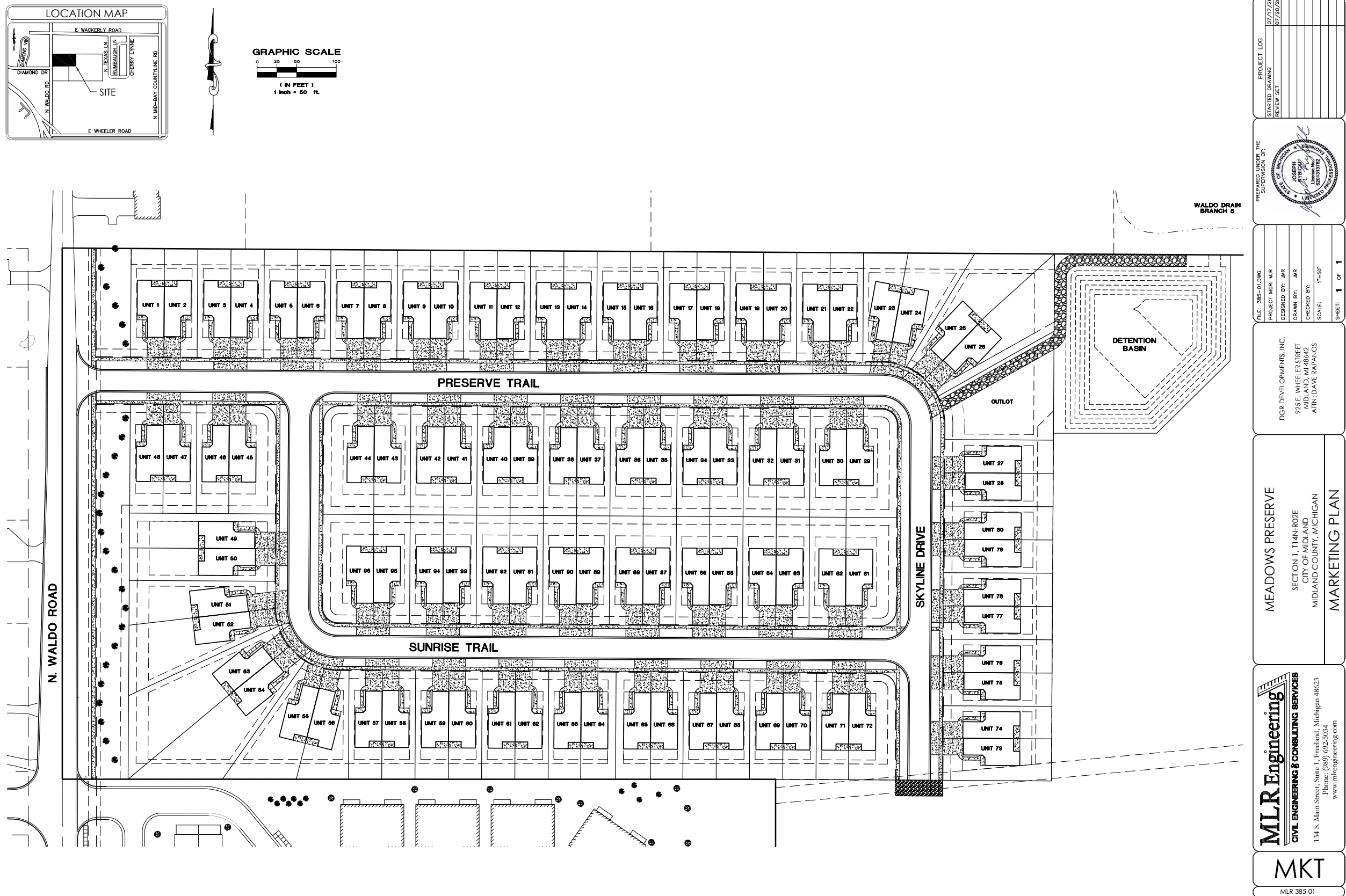Meadows Preserve site plan showing 96 units along Preserve Trail, Sunrise Trail, and Skyline Drive