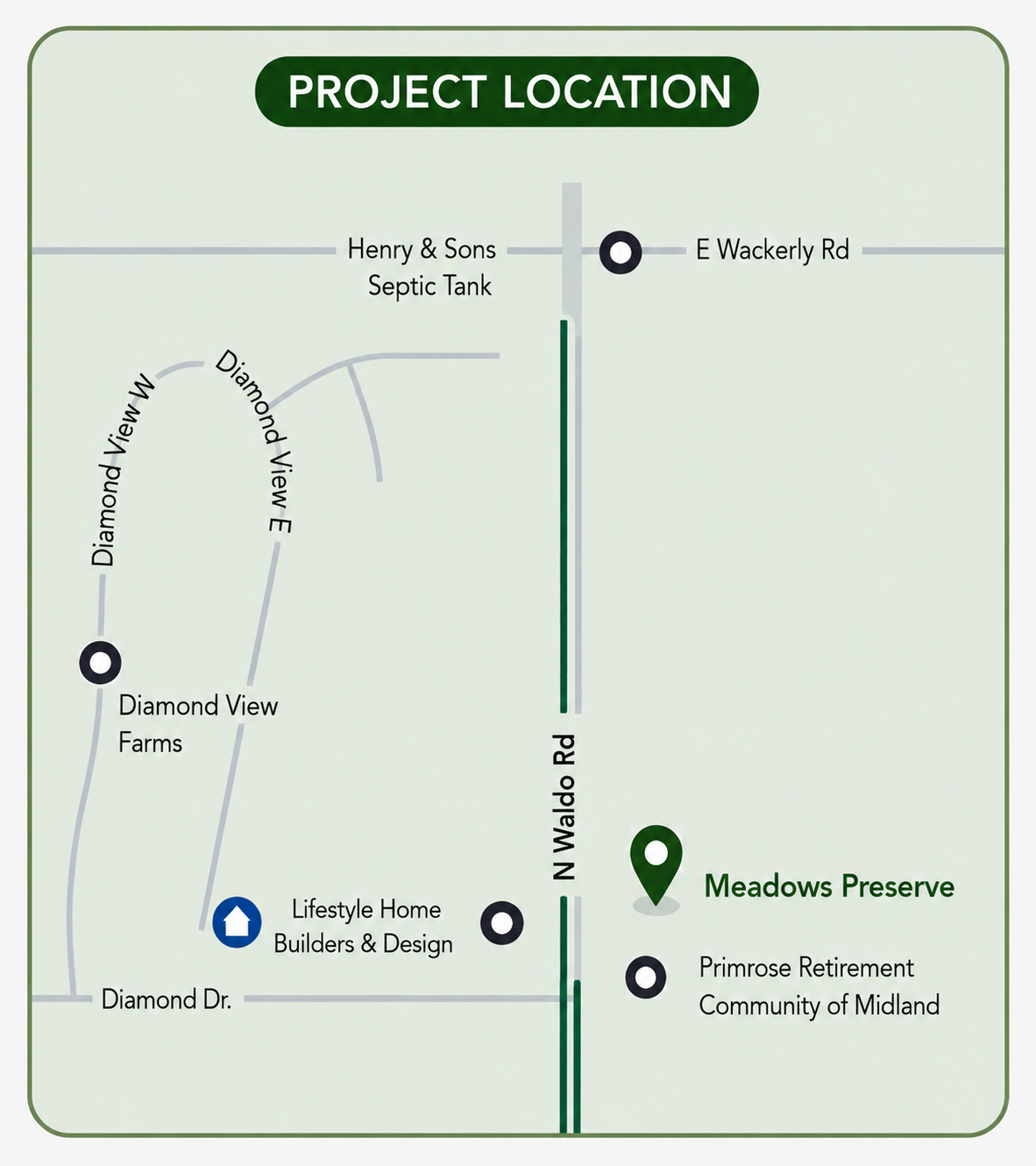 Map showing Meadows Preserve location on N. Waldo Rd between E. Wackerly and Diamond Dr, north of Primrose Retirement Community